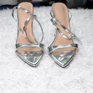 Silver Strappy Pointed-Toe Women’s Heels